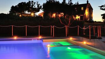 Seasonal outdoor pool, pool umbrellas, pool loungers