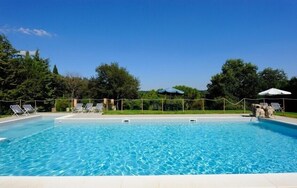 Seasonal outdoor pool, pool umbrellas, pool loungers