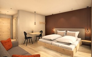 A modern bedroom with a wooden bed, a desk, and a chair.