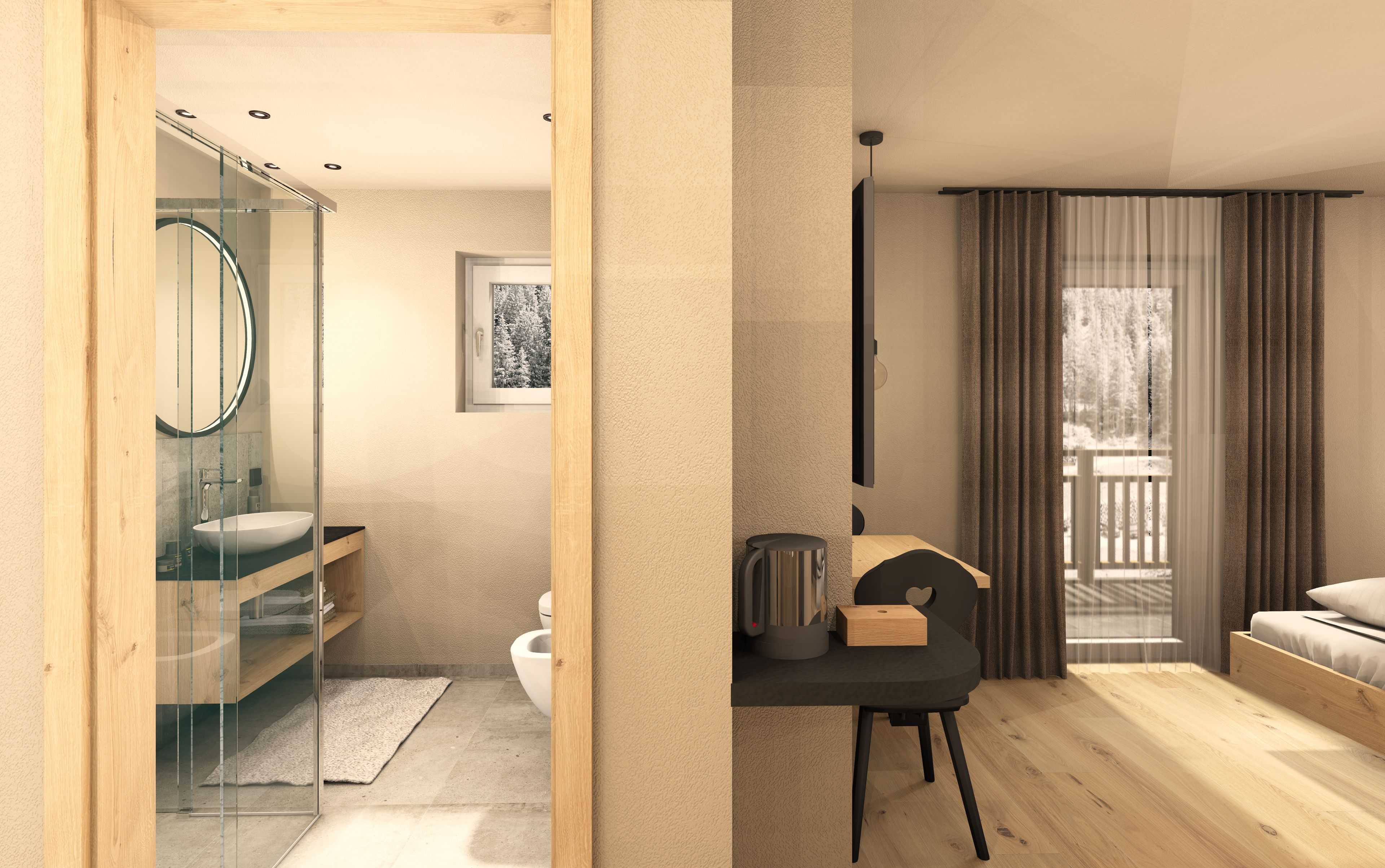 A modern bedroom with a wooden bed, a desk with a chair, and a view of a snowy landscape through the window.