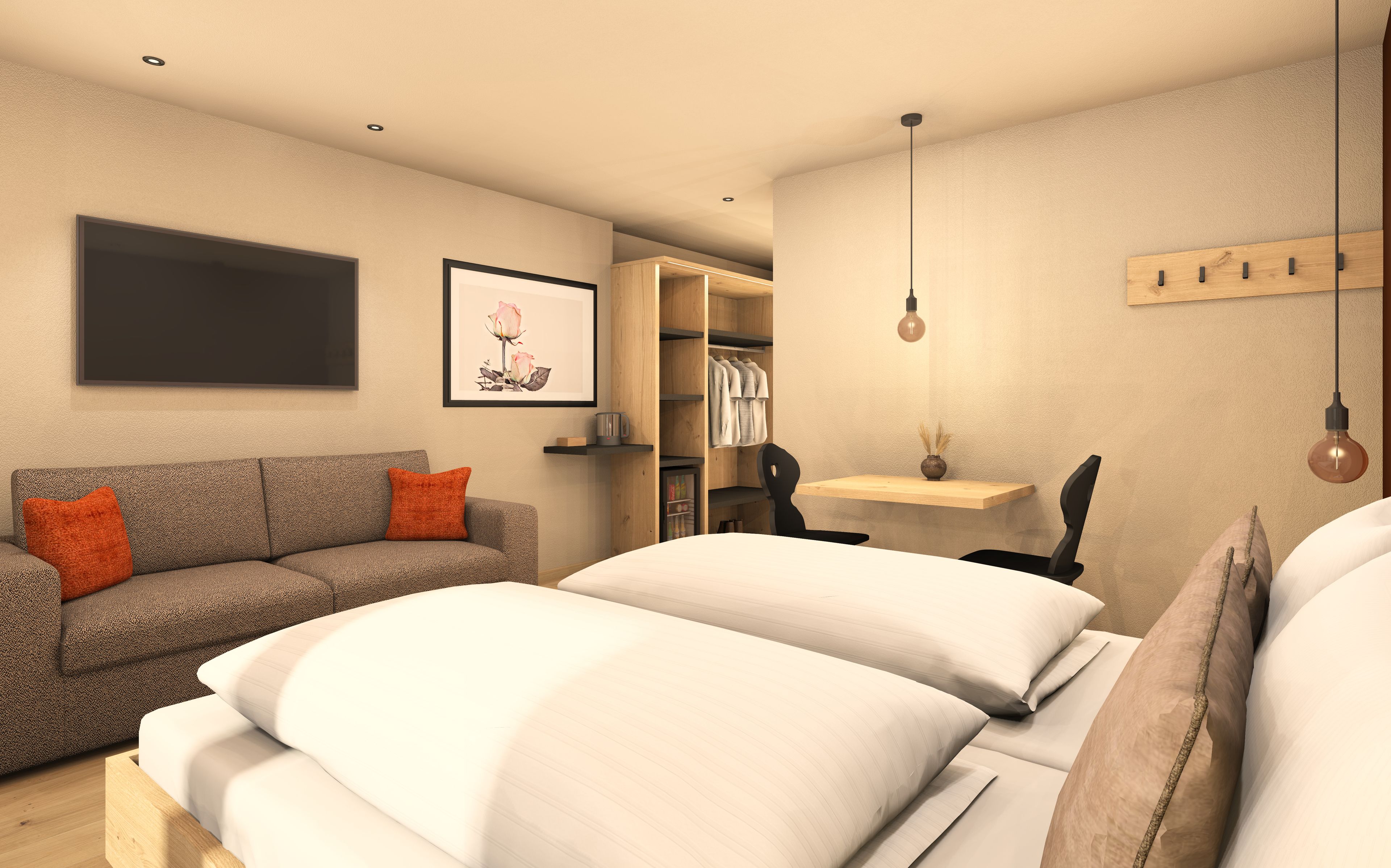 A modern bedroom with a sofa, a bed, a wardrobe, and a desk.