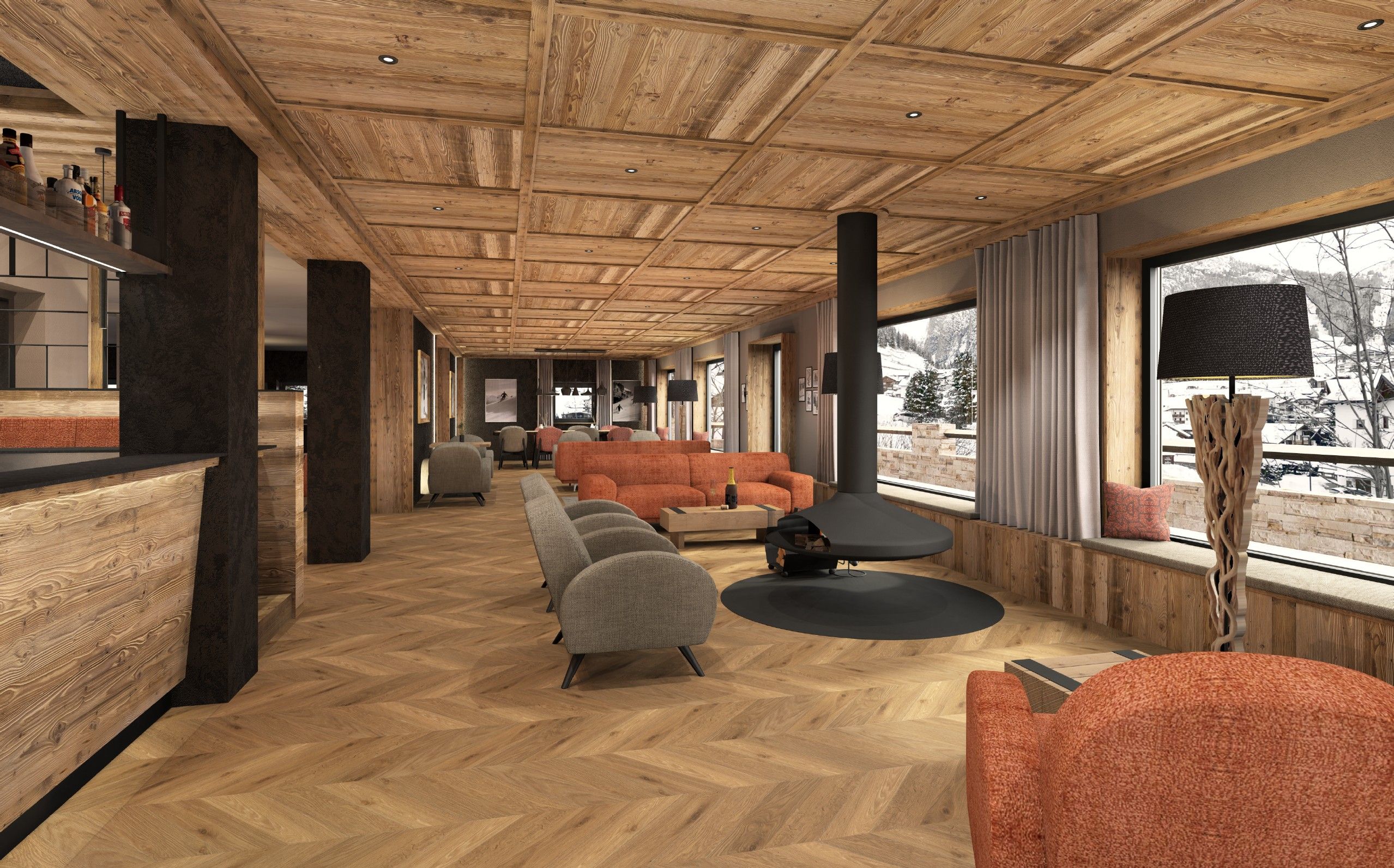Un interior moderno con techo de madera, zona de estar y grandes ventanales con vistas.