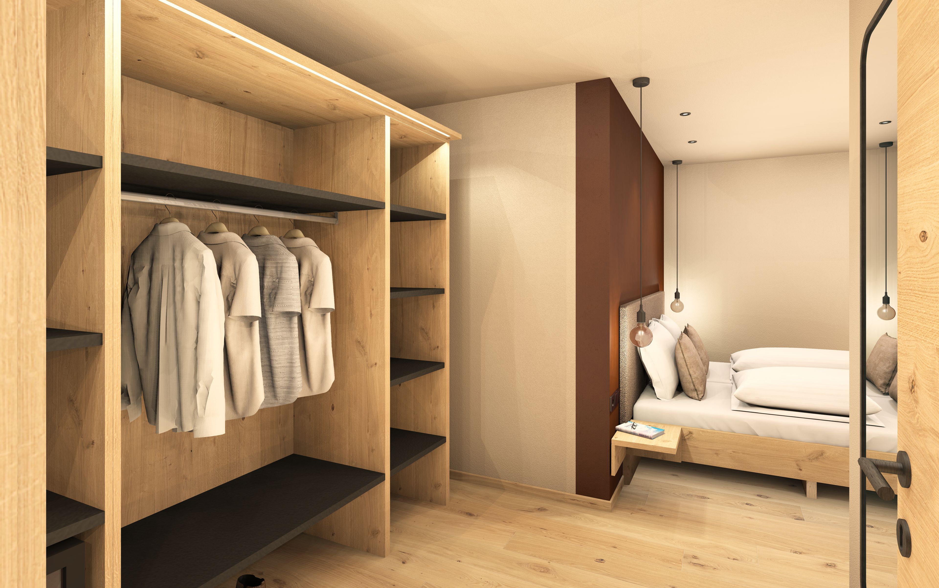 Ein Schlafzimmer mit einem Holzschrank, einem Bett mit Kissen und einem Nachttisch.