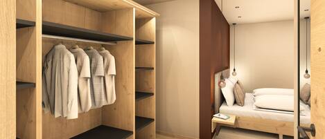 Ein Schlafzimmer mit einem Holzschrank, einem Bett mit Kissen und einem Nachttisch.