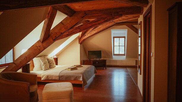 Une chambre spacieuse située dans les combles, avec un plafond en pente, un grand lit, une télévision et une vue sur l’extérieur.