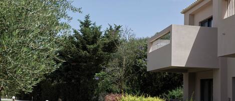 A modern building with a flat roof and a balcony, surrounded by lush greenery and a paved pathway.