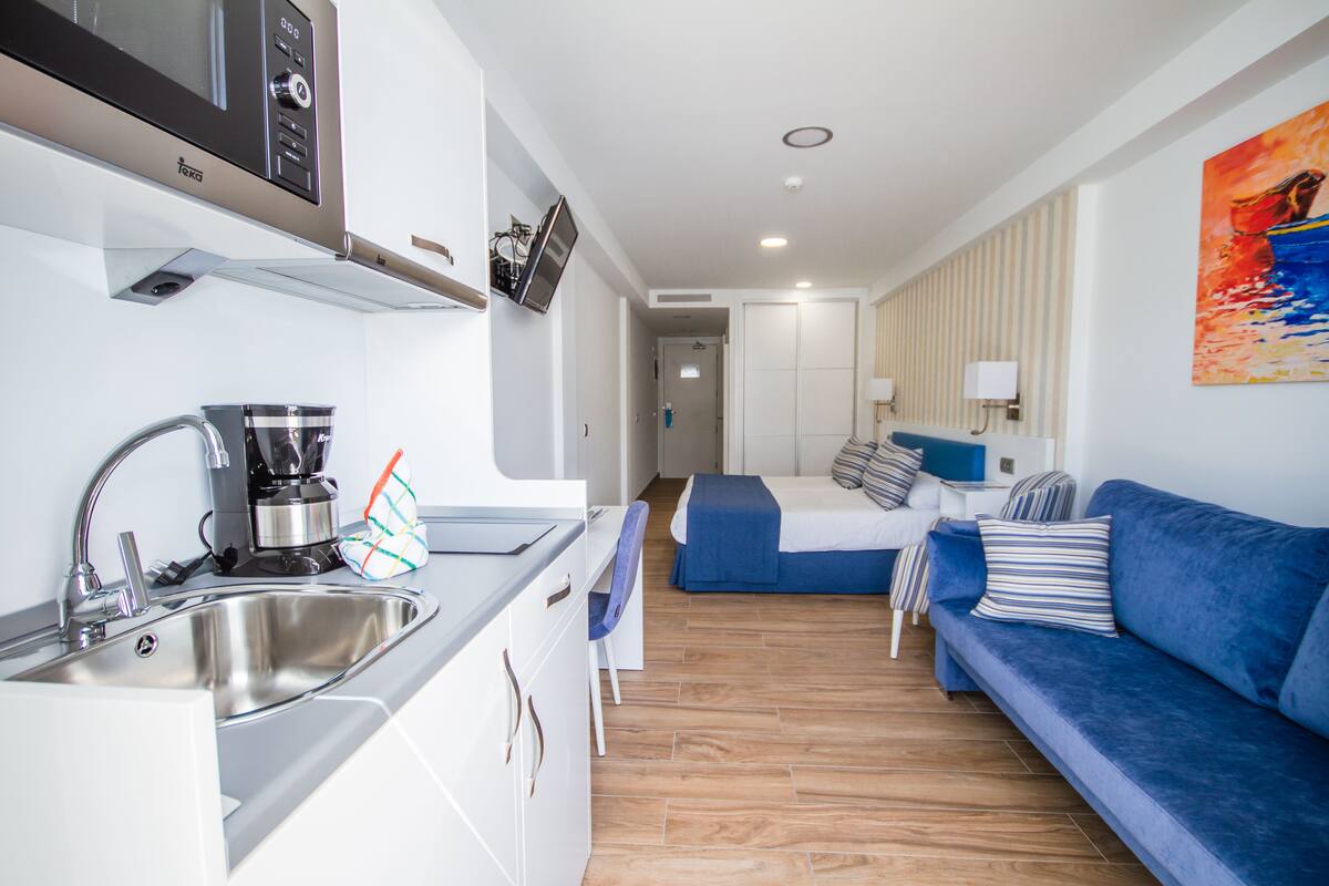 Un espacio habitable pequeño con kitchenette, sofá y cama.