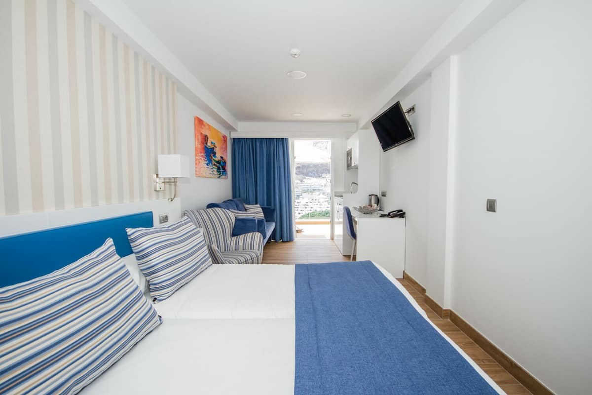 Una habitación de hotel con una cama, un sofá, un escritorio y un televisor.