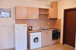 A compact kitchen with a washing machine, a refrigerator, a sink, and a stove. - Orbilux (Bansko)