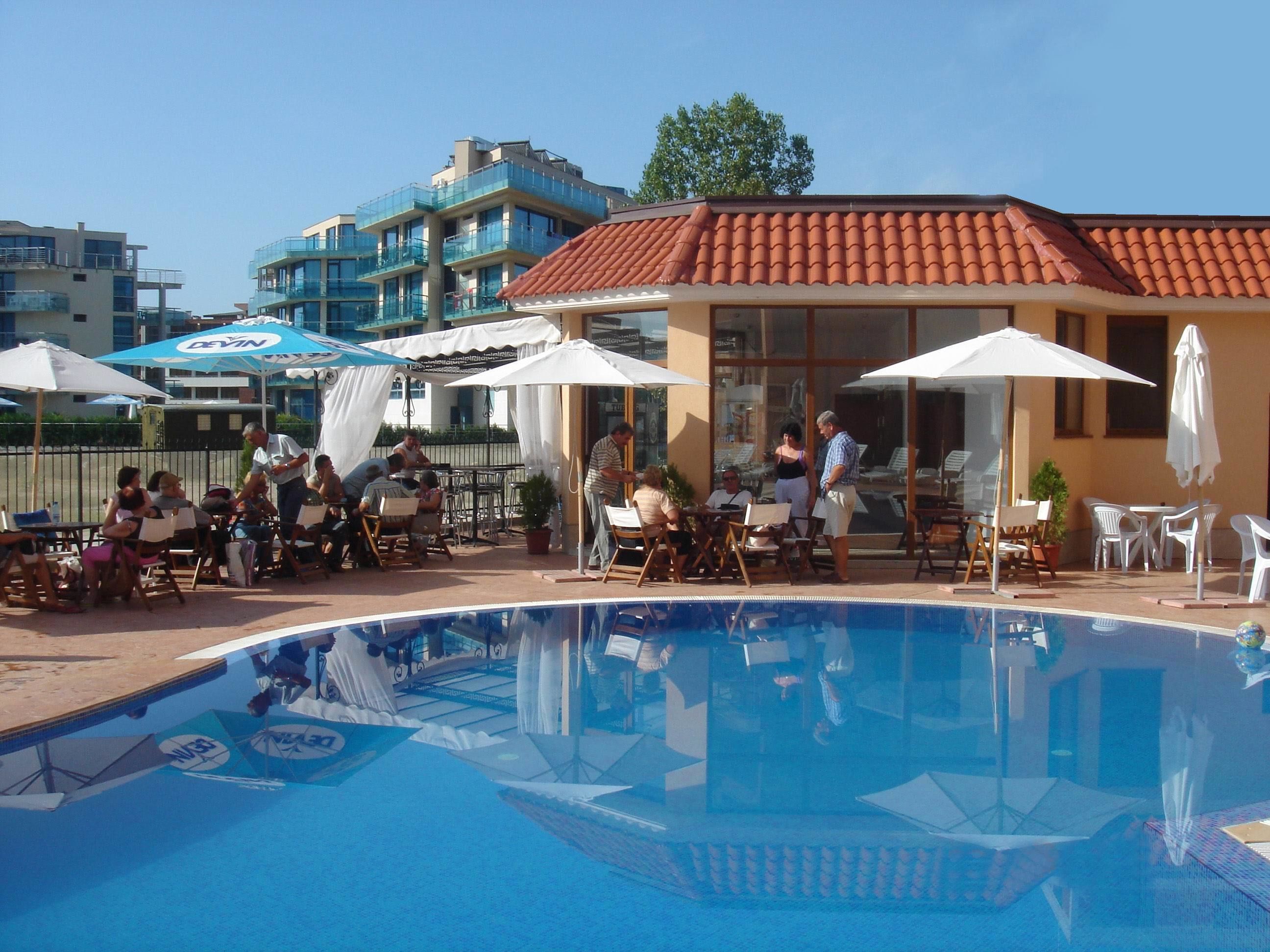 Seasonal outdoor pool, pool umbrellas, pool loungers
