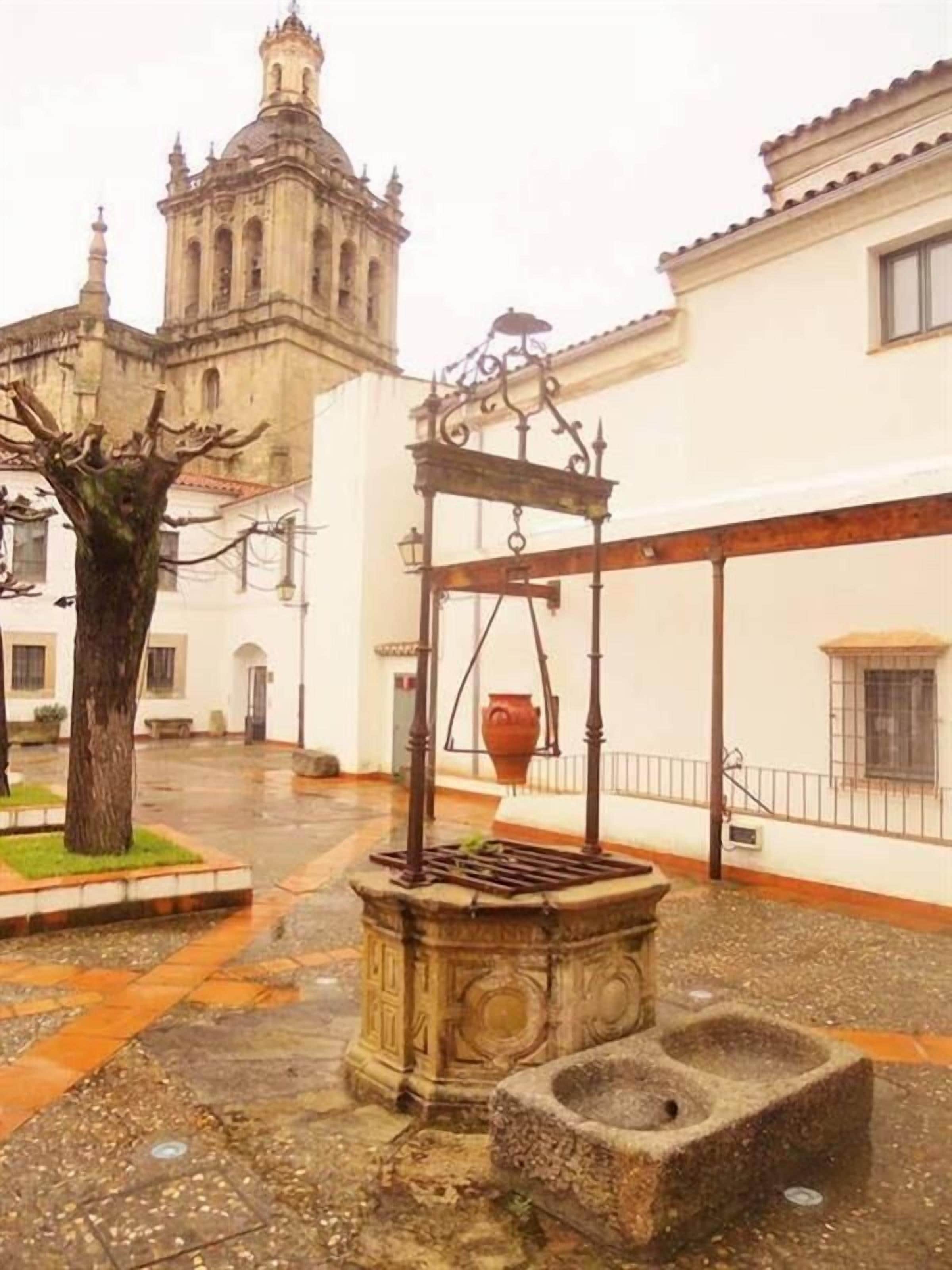 Un patio con un pozo tradicional, un árbol grande y un edificio histórico al fondo.
