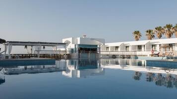 Outdoor pool, pool umbrellas, pool loungers