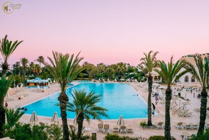Una gran piscina rodeada de palmeras y sillas de descanso, con un edificio al fondo.