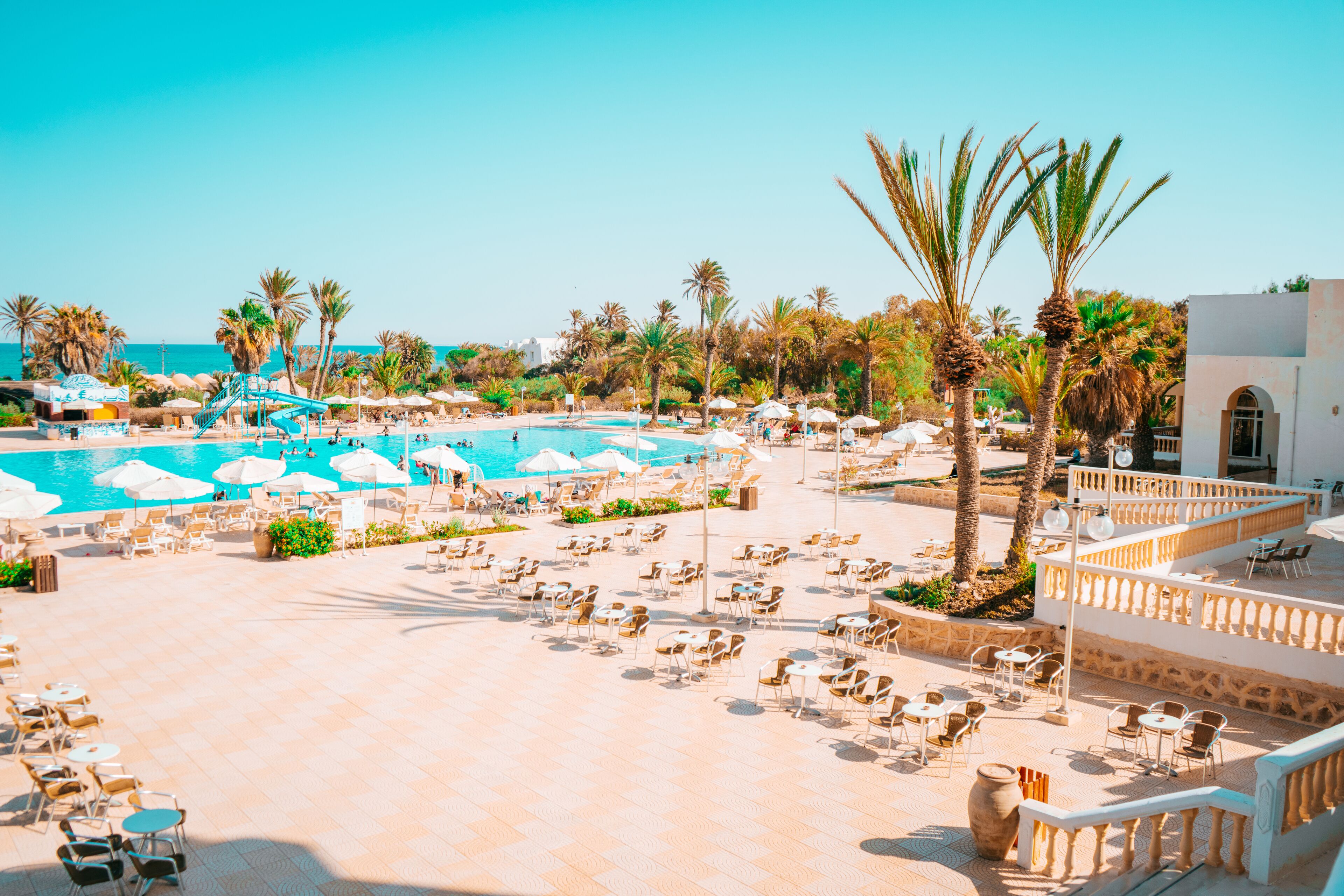 A resort pool area with multiple lounge chairs and umbrellas, surrounded by palm trees and a clear blue sky.