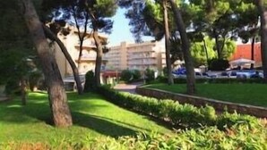 Un espace aménagé avec des arbres et un chemin menant à un bâtiment.