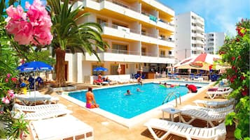 Outdoor pool, pool umbrellas, pool loungers