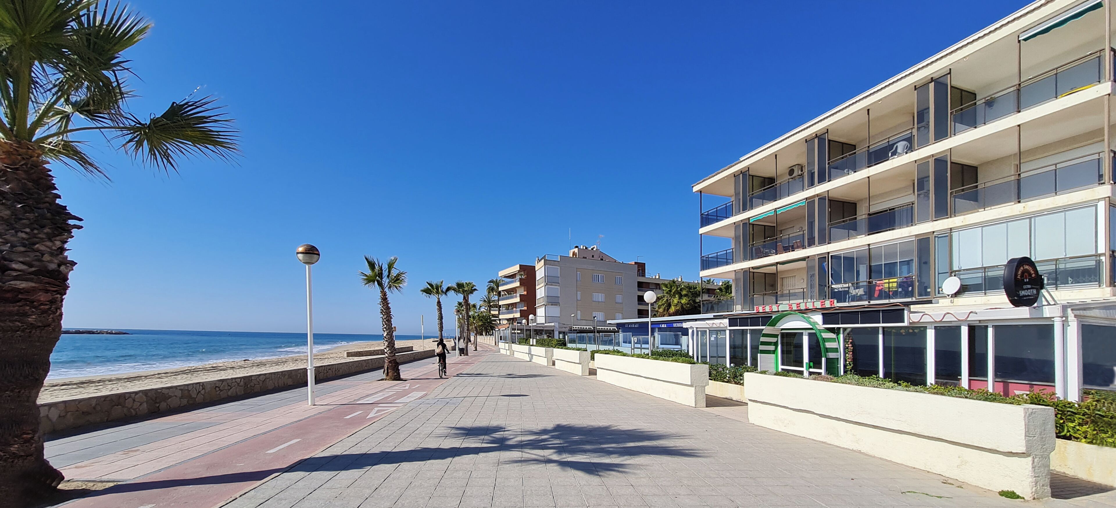 Un paseo marítimo con vistas despejadas al mar, palmeras y un edificio moderno con balcones.