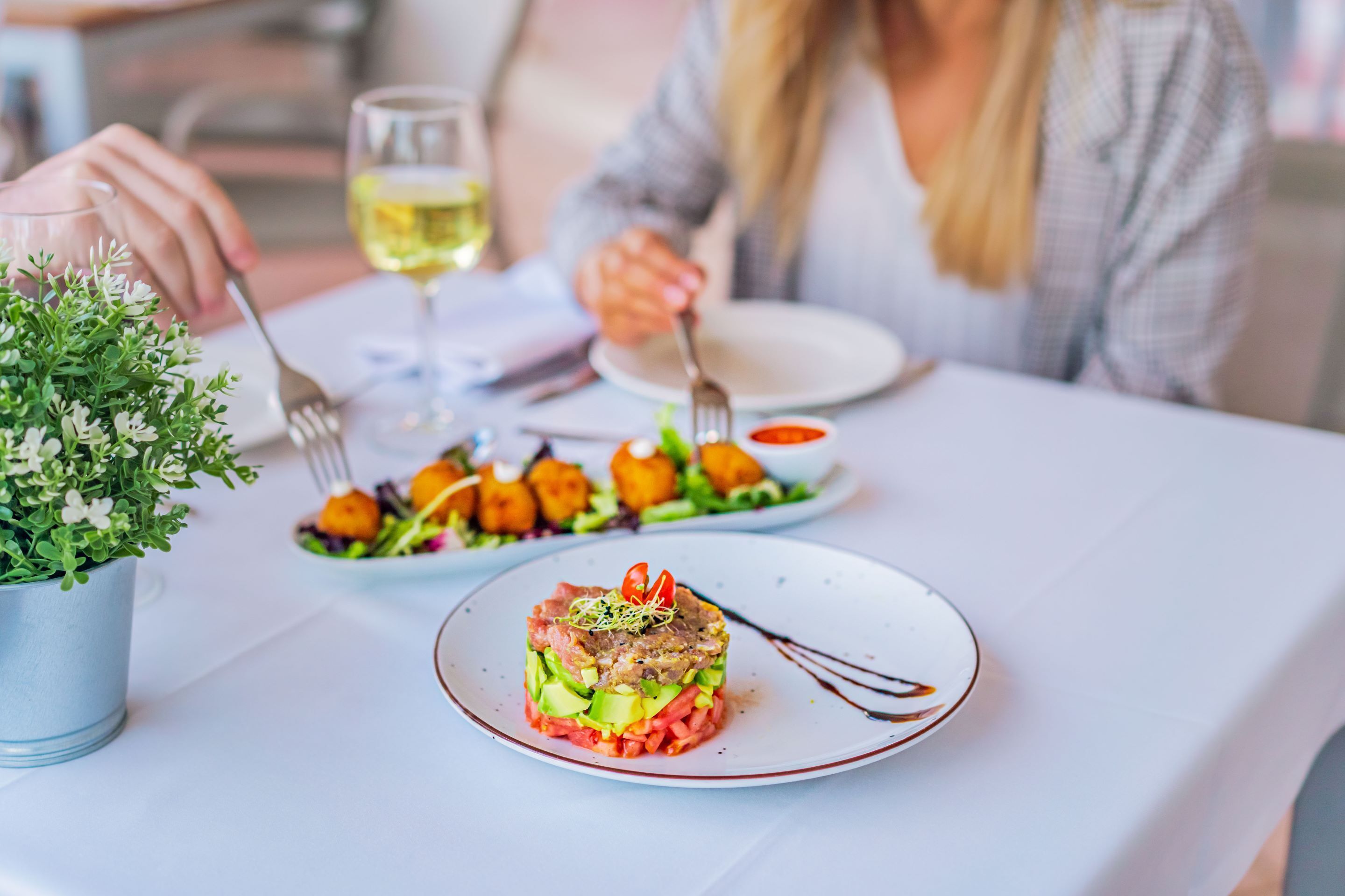Una mesa de comedor con un plato de comida, una copa de vino y una pequeña planta en maceta.