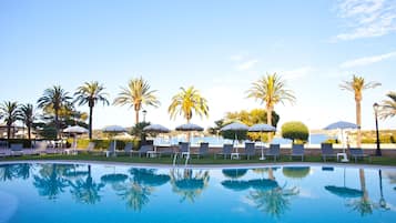 Outdoor pool, pool umbrellas, pool loungers