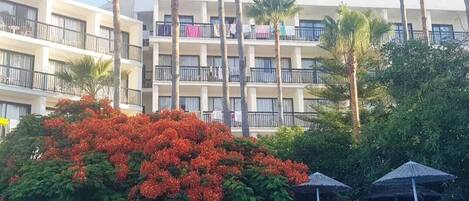 Un hotel con zona de piscina, palmeras y un edificio con balcones.