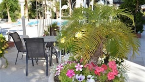 An outdoor seating area with a table and chairs, surrounded by a flower bed with various flowers and a palm tree. - Tasiana Star (Limassol)