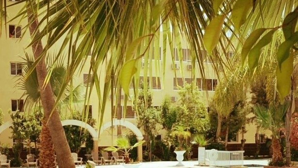 A pool area with lounge chairs and palm trees. - Tasiana Star (Limassol)