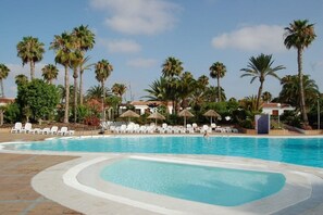 Ein Schwimmbecken mit Liegestühlen und Palmen.
