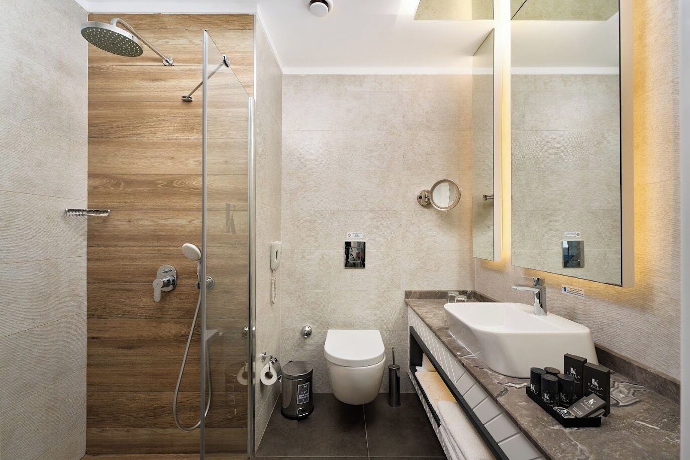 A modern bathroom with a glass-enclosed shower, a toilet, and a vanity with a sink and mirror.