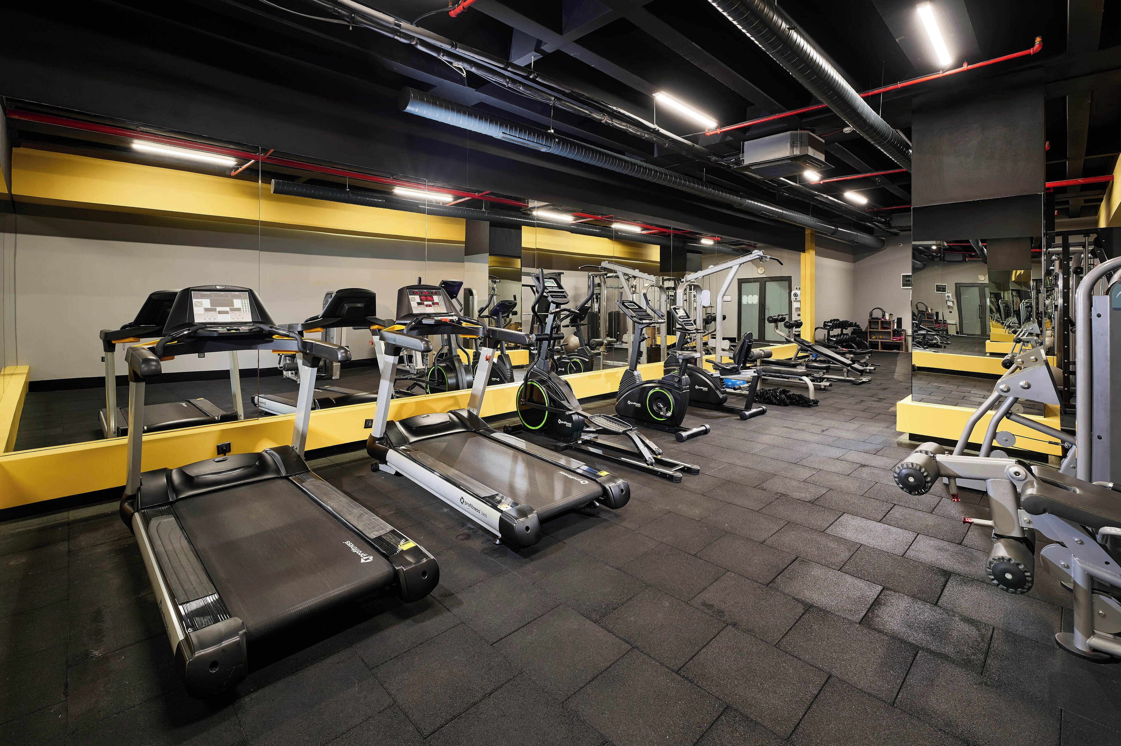 A gym with treadmills, elliptical machines, and weight equipment.