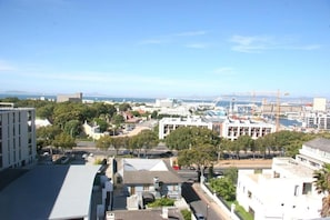 A cityscape with buildings, trees, and a distant view of the sea.