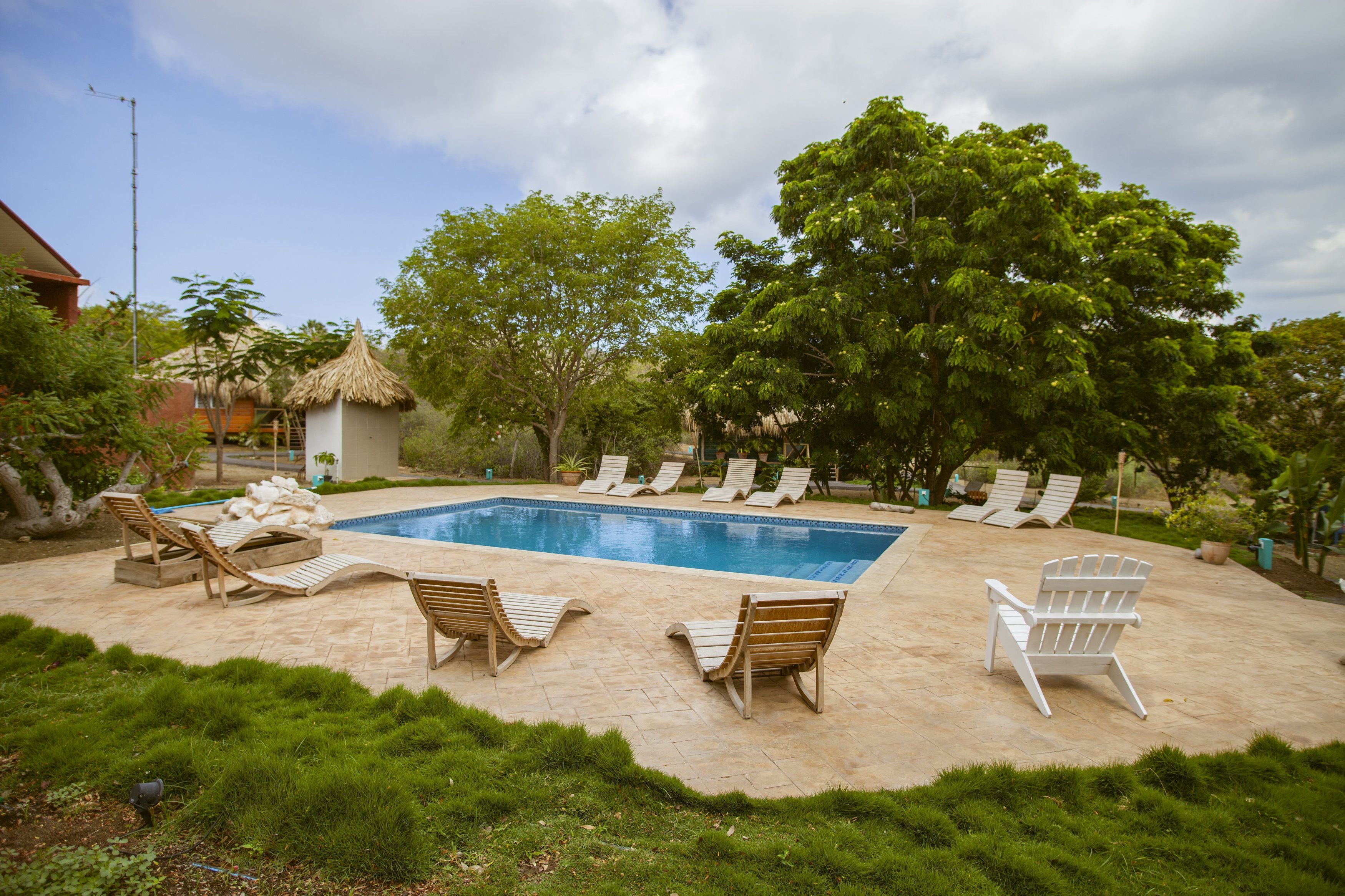 Een buitenzwembad en ligstoelen