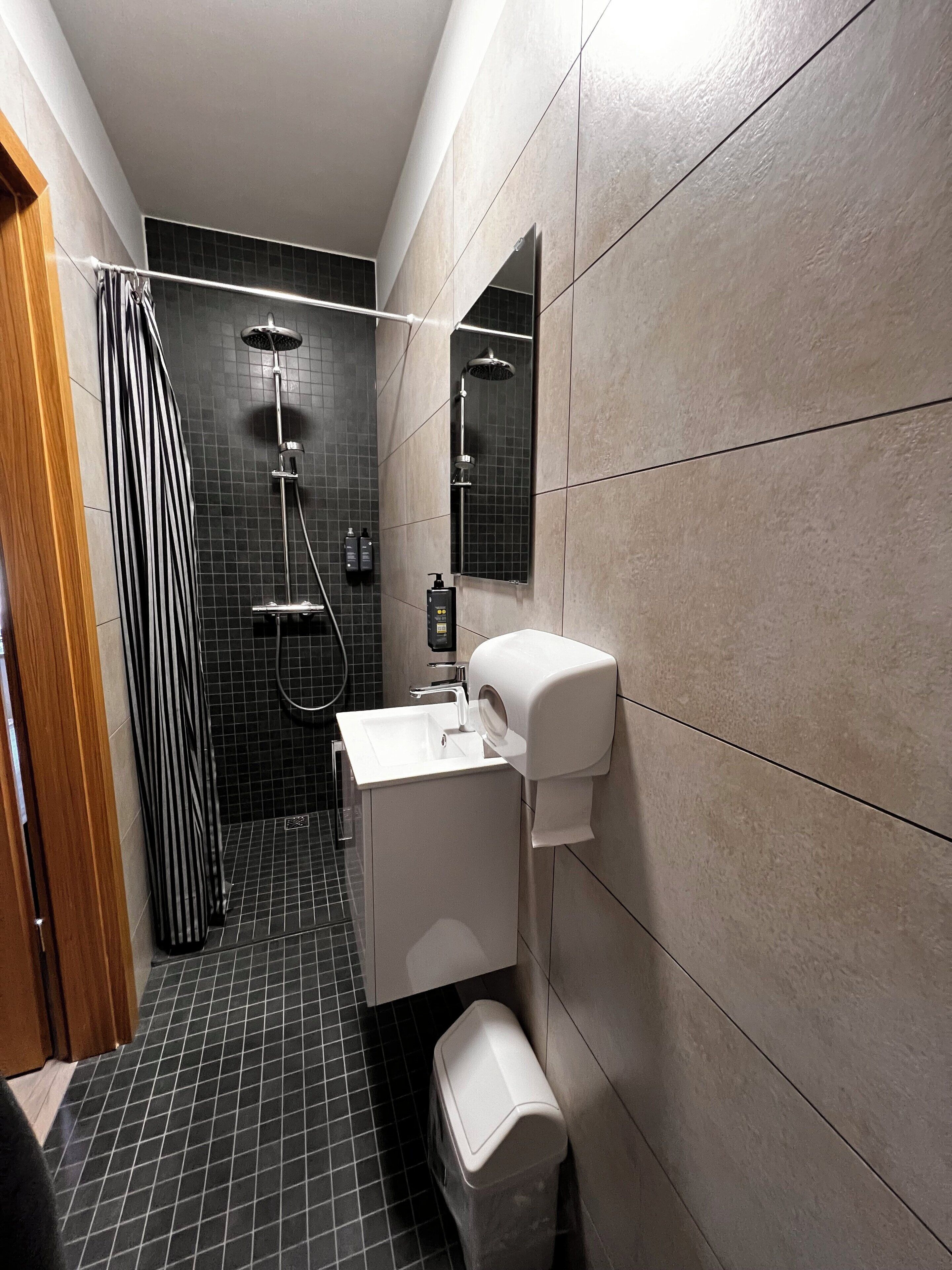 economy room | bathroom | shower, rainfall showerhead, hair dryer, towels