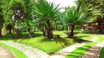 A lush garden with palm trees, a stone pathway, and a building in the background.