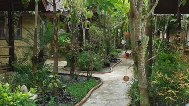 Un sendero exuberante en un jardín que conduce a un edificio de diseño rústico, rodeado de diversas plantas y árboles tropicales.