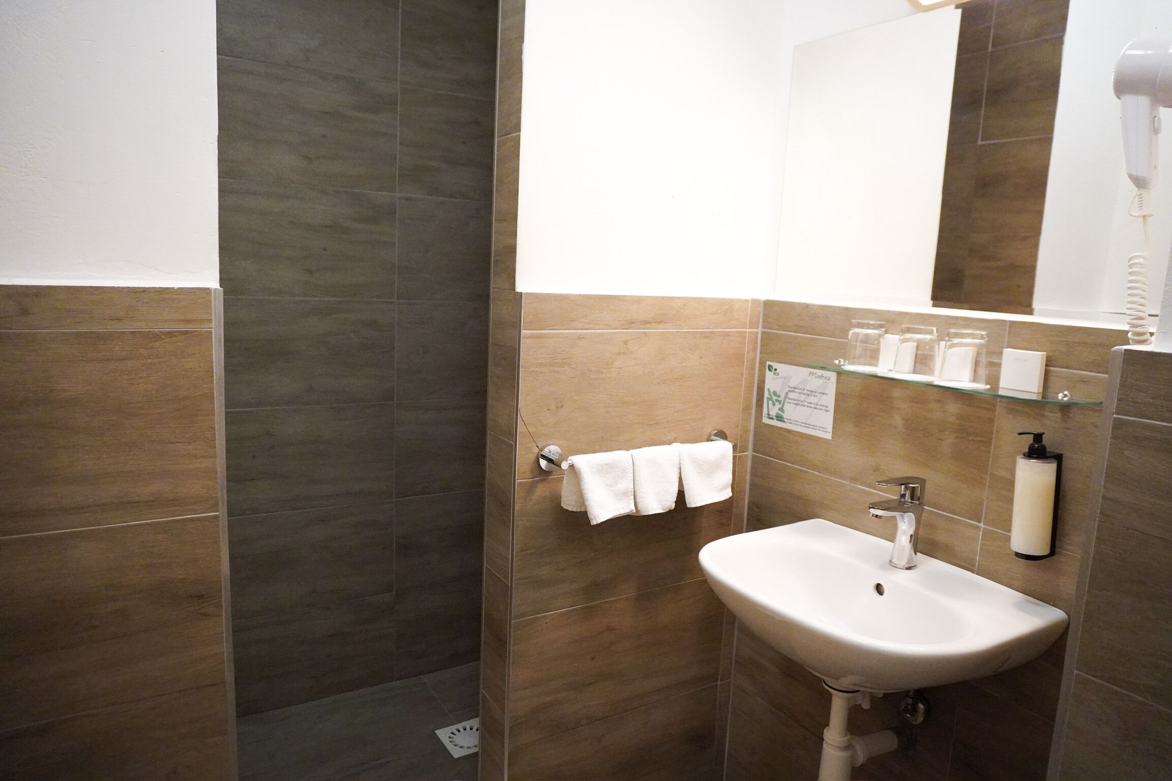 A bathroom with a shower, sink, and a mirror.