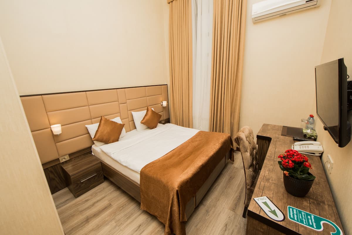 Ein Hotelzimmer mit Bett, Nachttisch, Fernseher und Schreibtisch mit Pflanze.
