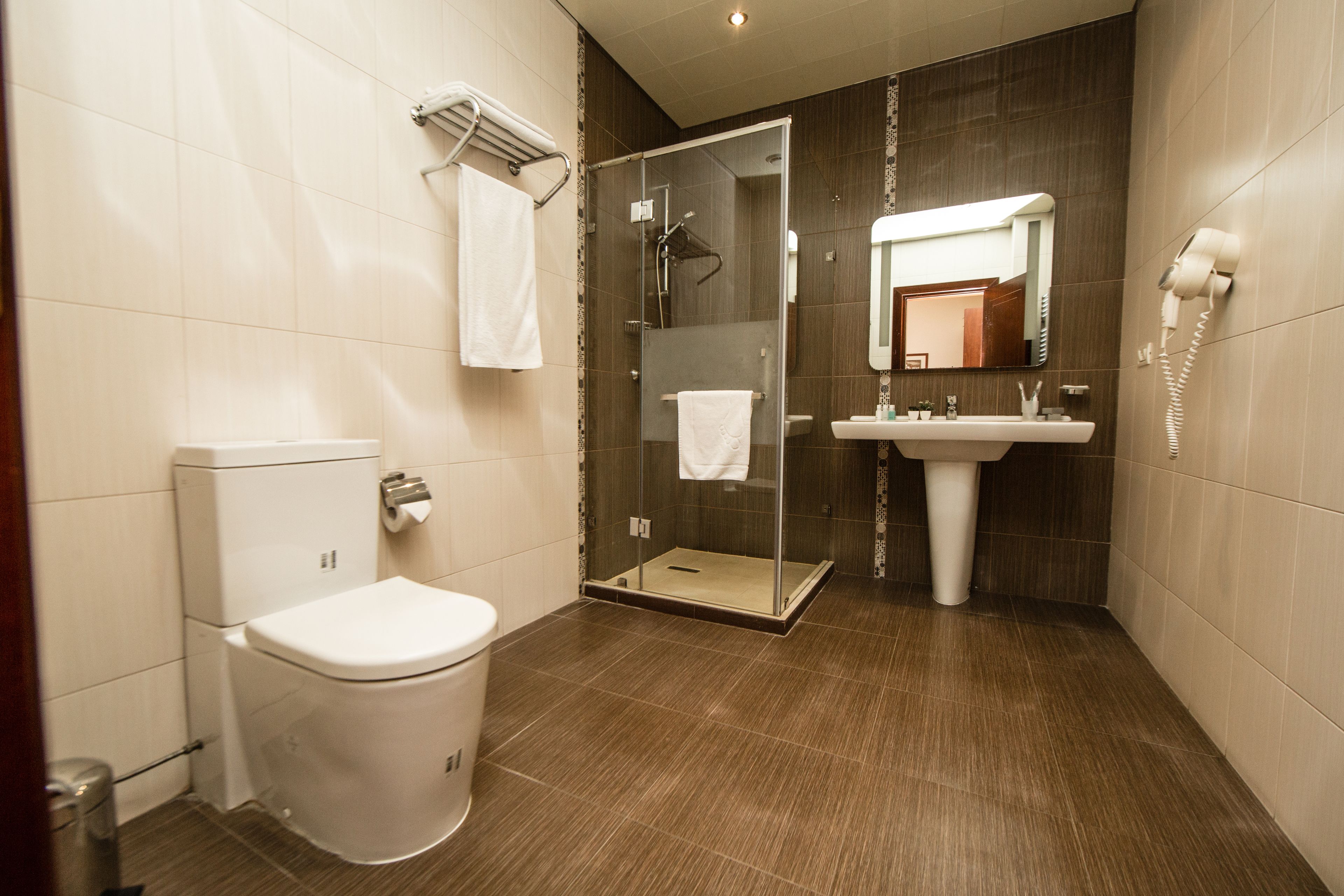 A modern bathroom with a toilet, a glass shower enclosure, a sink, and a mirror.