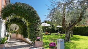 A pathway leading to a reception area, surrounded by lush greenery and potted plants. - Vialeromadodici Rooms & Apartments (Lazise)