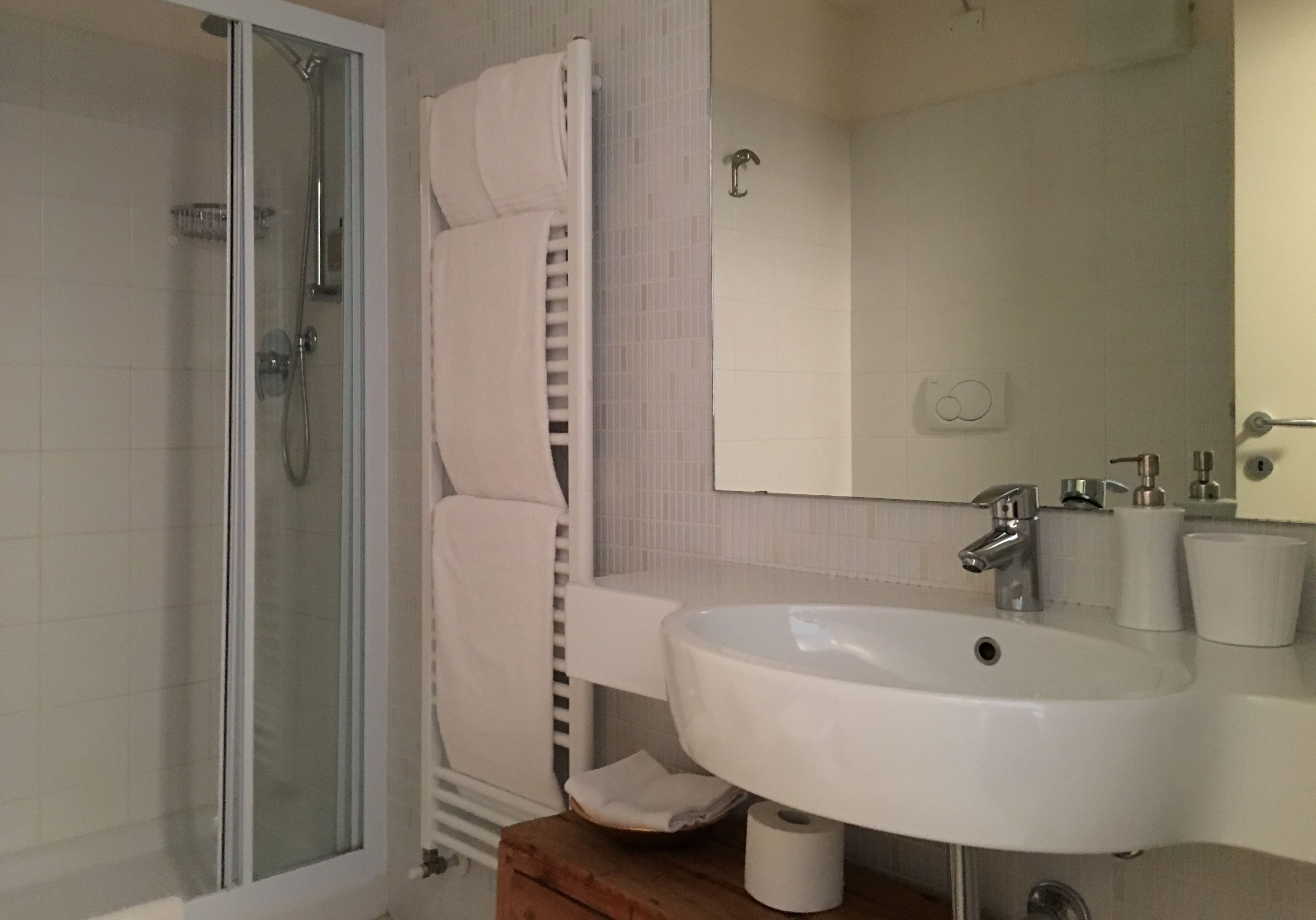 Un baño con ducha envuelta en vidrio, un lavabo blanco, un espejo y un perchero para toallas.