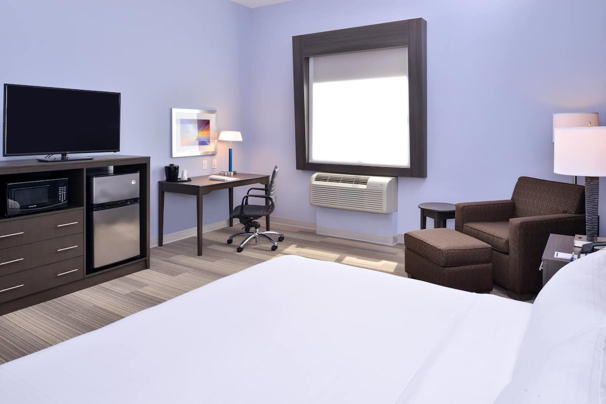 A hotel room with a bed, a desk, a chair, a TV, a mini-fridge, and a window with blinds.