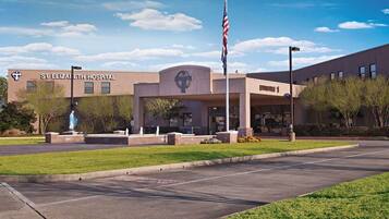 St. Elizabeth Hospital with a clear entrance, a statue, and an American flag.