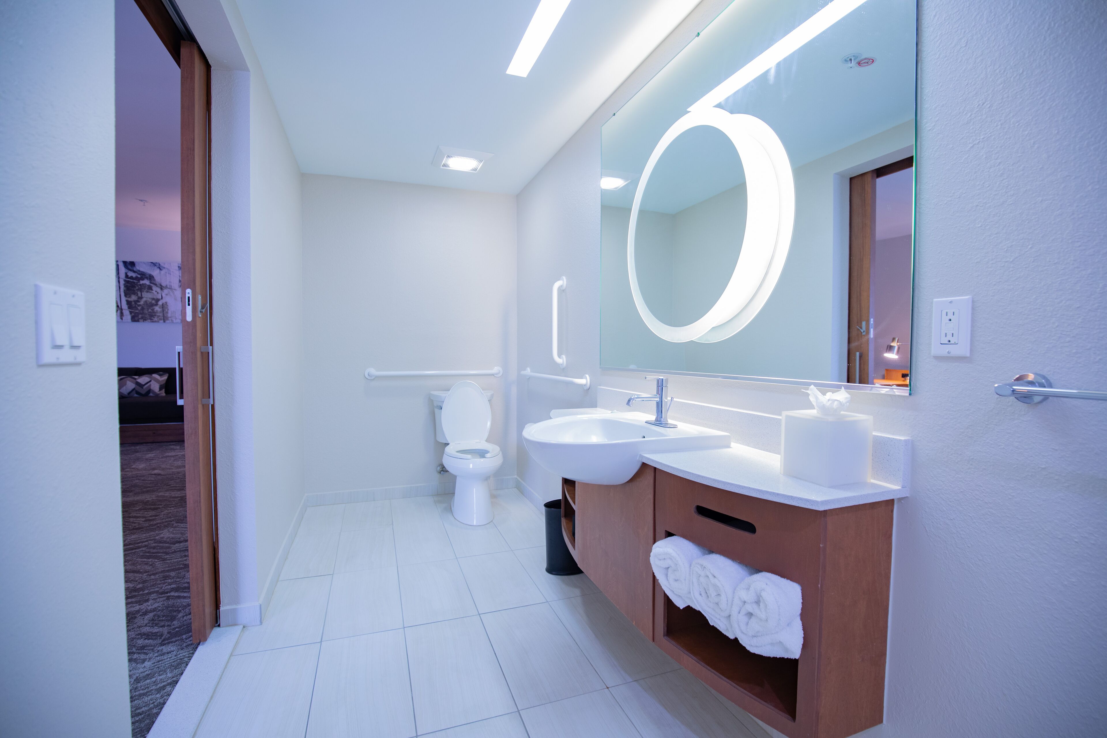 studio, 1 king bed with sofa bed, non smoking (mobility accessible, roll-in shower) | bathroom | shower, hair dryer, towels