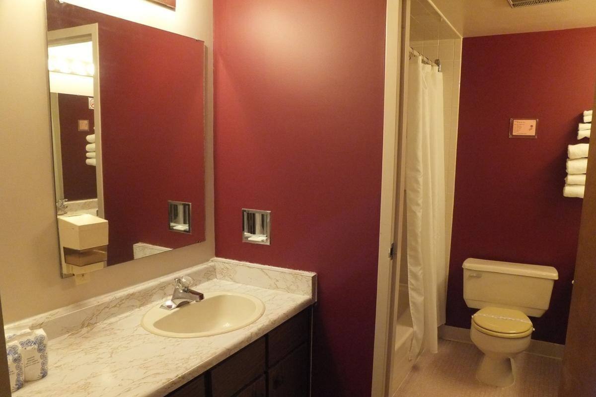 A bathroom with a marble sink, a toilet, and a shower curtain.