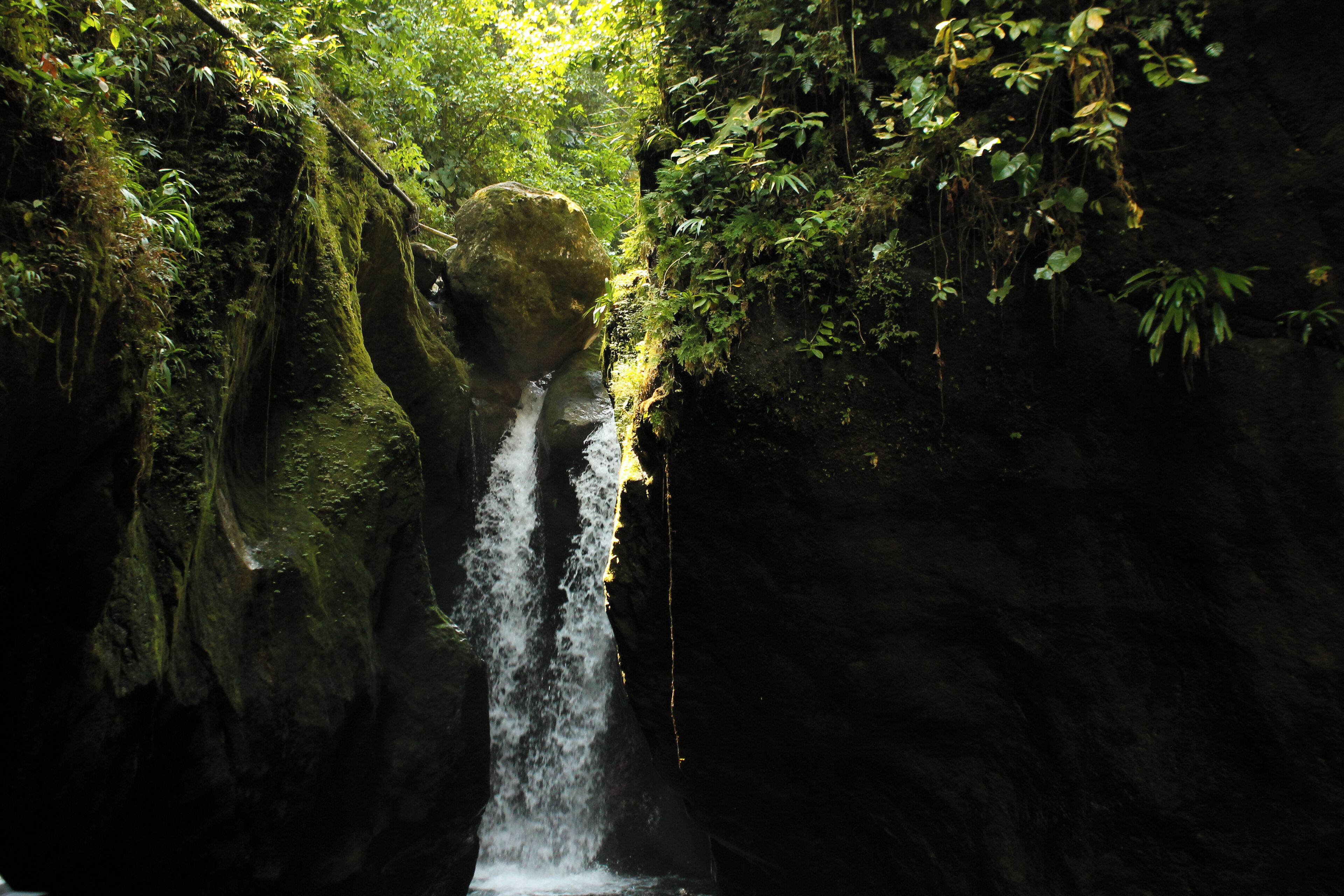 A waterfall in a forested area with rocky surroundings.