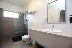 Shower, hair dryer, bathrobes, towels