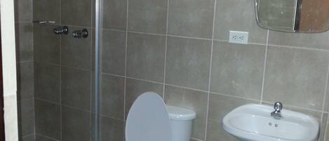Ein Badezimmer mit Dusche, Toilette und Waschbecken.