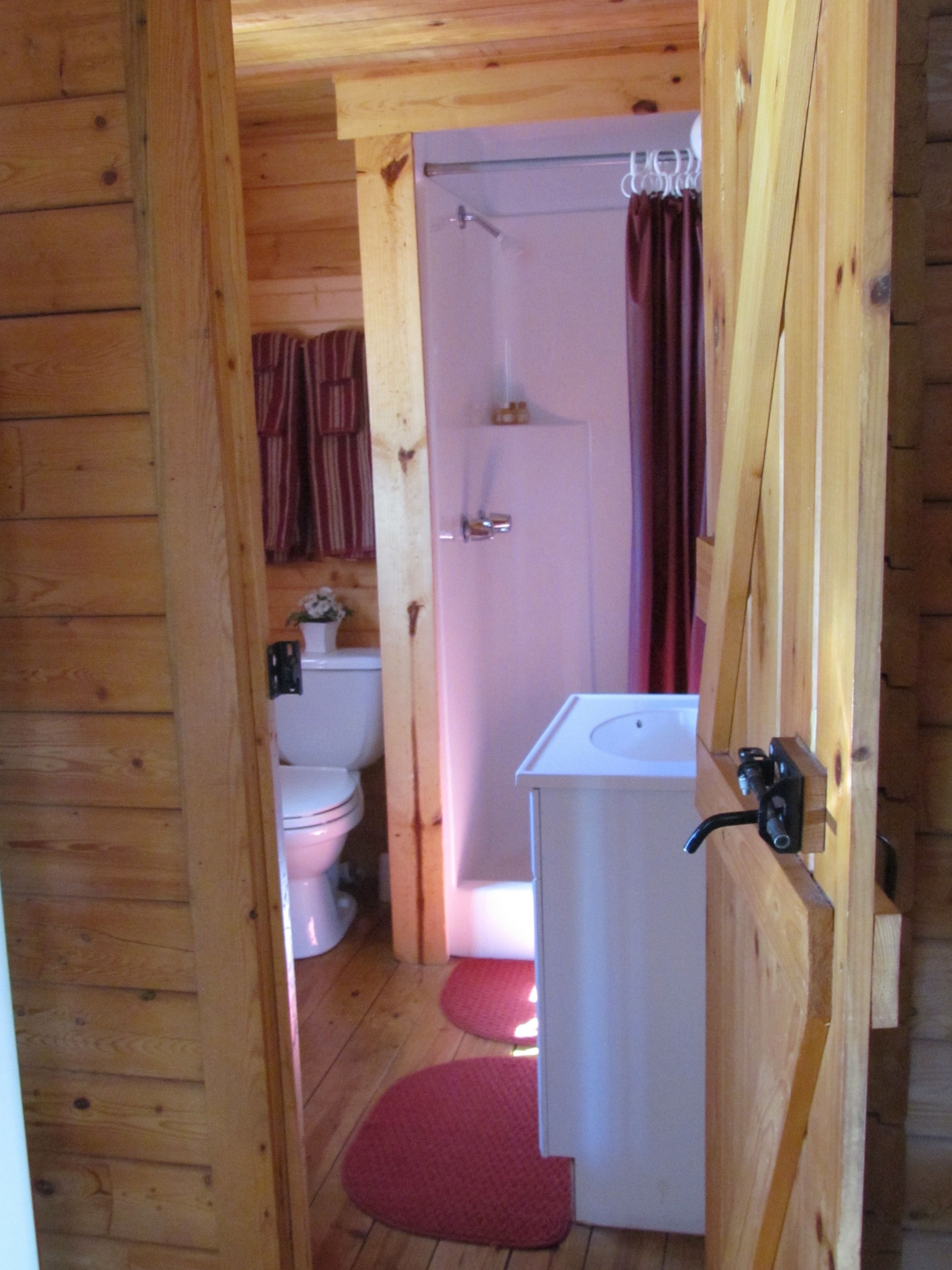 A wooden cabin bathroom with a toilet, sink, and shower.
