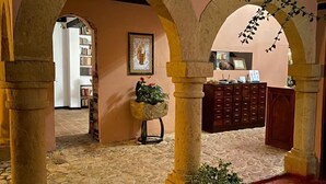 Un patio interior con suelo de piedra, arcos y una planta en maceta.