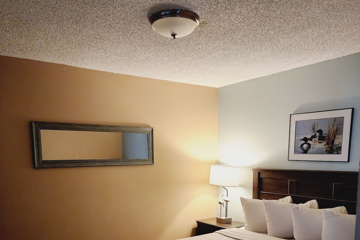 A hotel room with a large bed, a bedside table with a lamp, a framed picture on the wall, and a ceiling light.