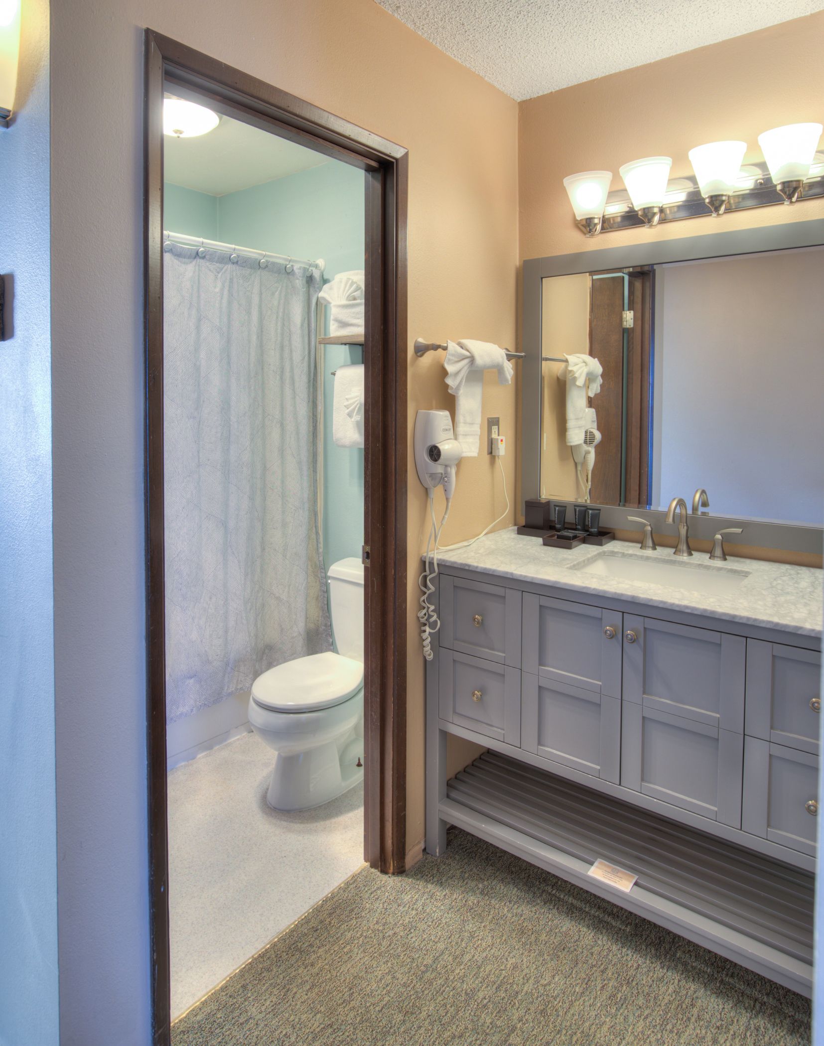 A bathroom with a toilet, a shower curtain, a vanity with a mirror, and a hairdryer.